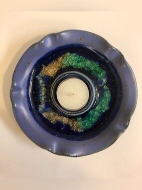 Pottery tea light votive candle holder Handcrafted  Crushed Glass